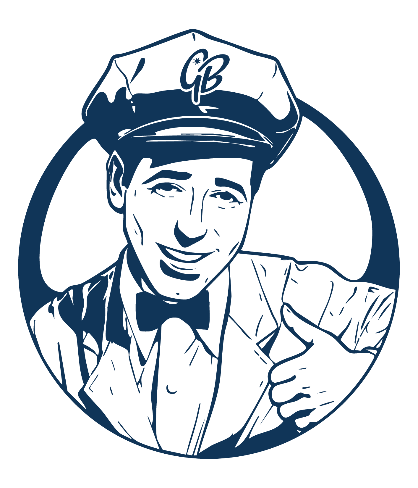 The Glass Brothers mascot, a uniformed glass man giving a thumbs up